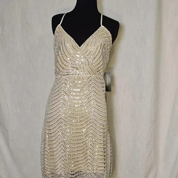 Lulus Tan and Silver Sequin CrissCross Adjustable Straps Mini Dress Sz L - Picture 4 of 12